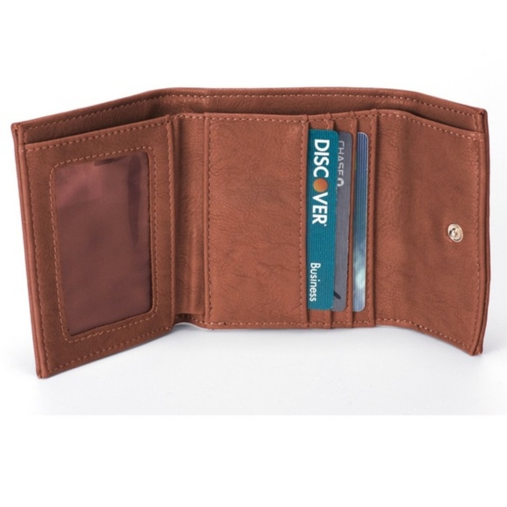 Cognac Brown Tri-Fold Vegan Leather Wallet - Picture 3 of 4